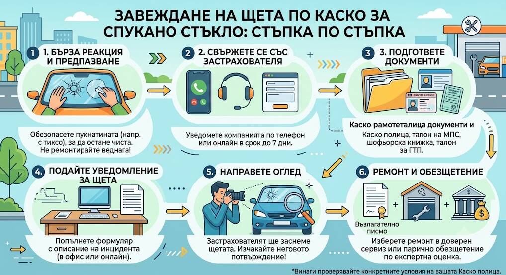 Как се завежда щета по Каско за спукано стъкло